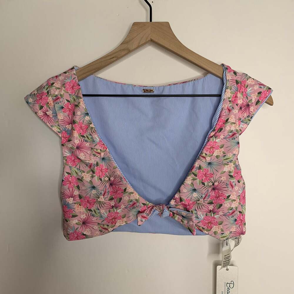Beach Bunny Floral Tie-Front Reversible Swim Top Pink Floral Blue Stripe New XL - Picture 2 of 13